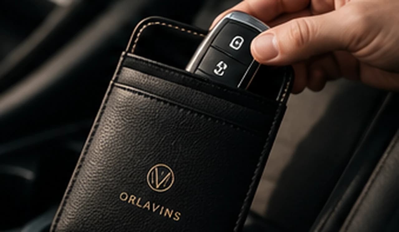 A hand sliding a car key fob into the pouch