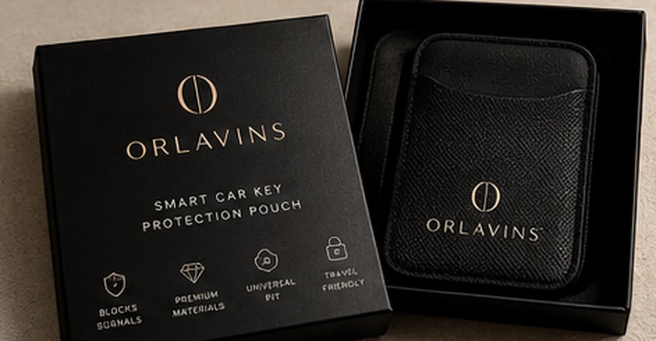 The ORLAVINS pouch resting in its black presentation box beside the lid
